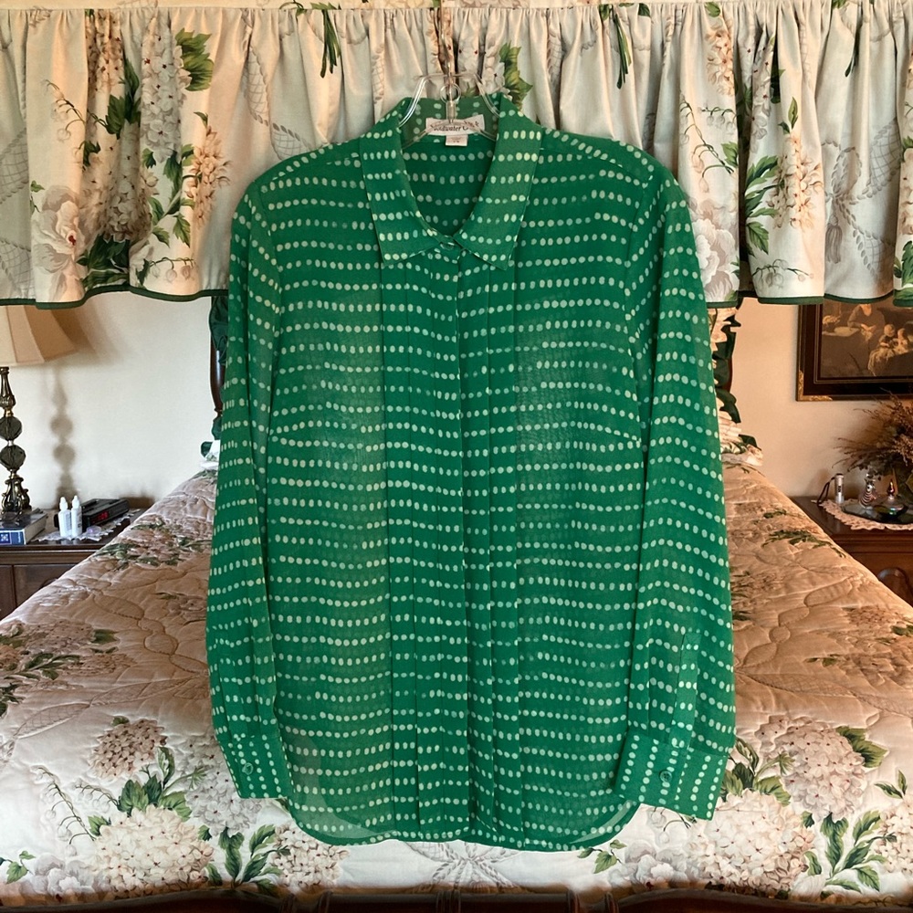 Coldwater Creek Green W/ White Polka Dots Sheer Blouse